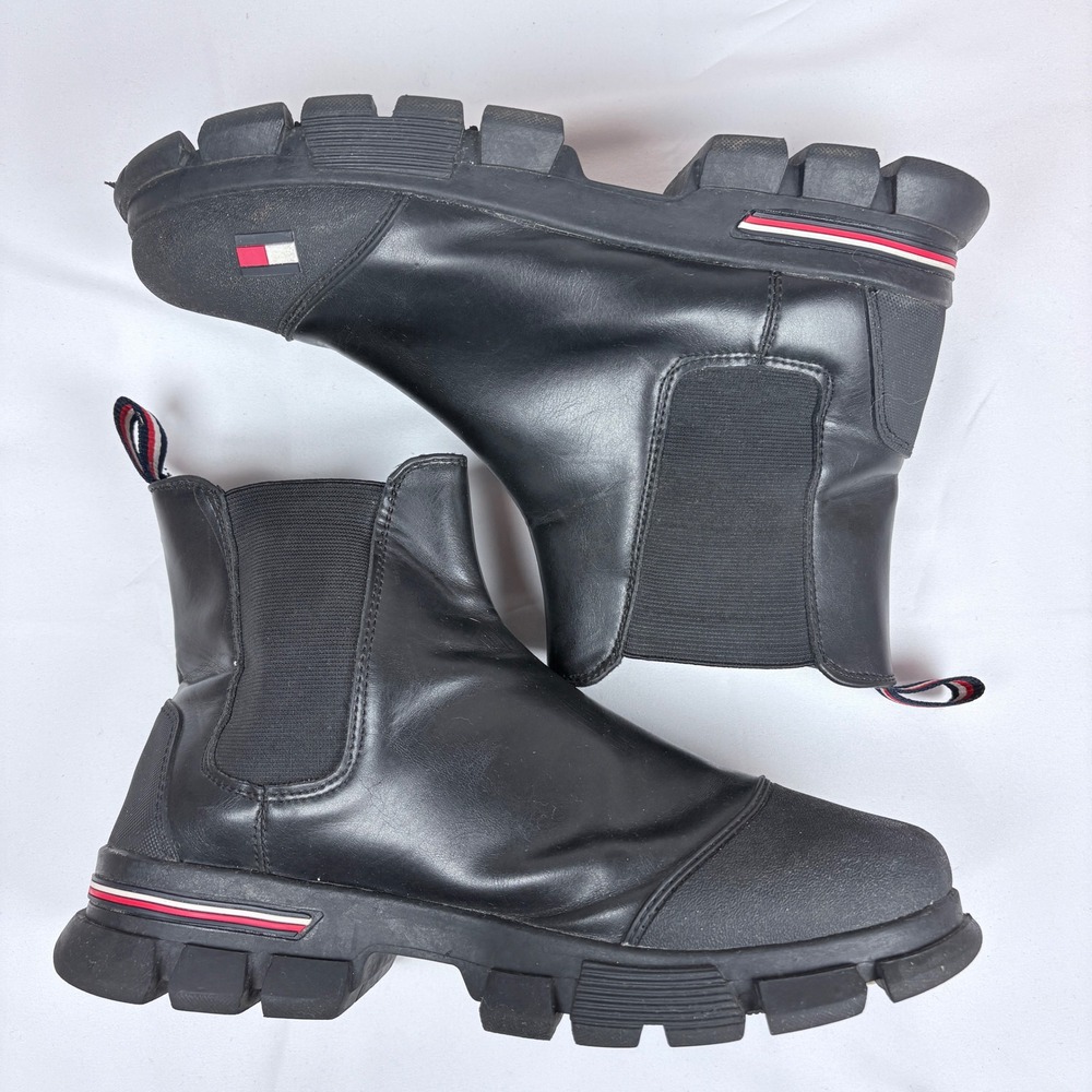 Tommy Hilfiger Misker Black Lug Sole Chelsea Boots Womens sz 8 Stripes Utility